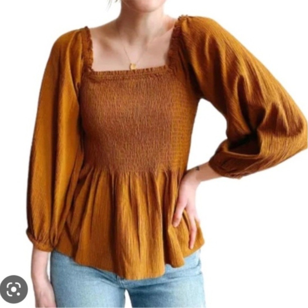 Madewell Smocked Square Neck Peplumโ Top Long Sleeve Mustard Yellow Size 00 NWT